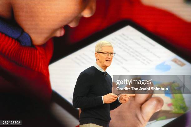 Apple CEO Tim Cook introduces Apple's new iPad during an event at Lane Tech College Prep High School on March 27, 2018 in Chicago, Illinois. The...