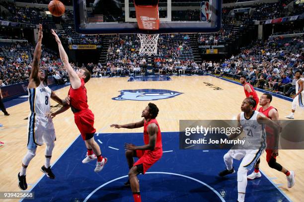 MarShon Brooks of the Memphis Grizzlies shoots the ball during the game against the Portland Trail Blazers on March 28, 2018 at FedExForum in...