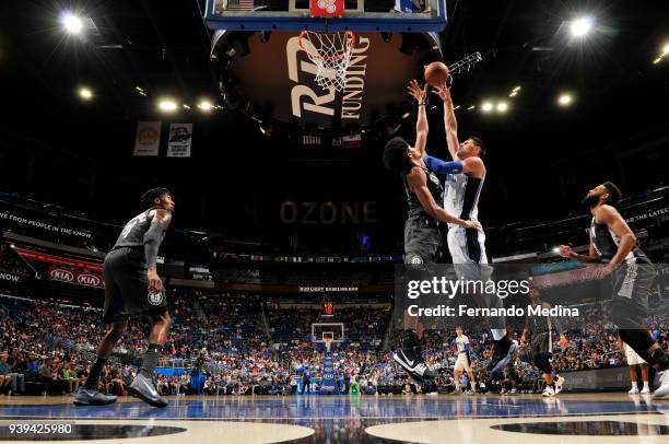 Nikola Vucevic of the Orlando Magic shoots the ball against the Brooklyn Nets on March 28, 2018 at Amway Center in Orlando, Florida. NOTE TO USER:...