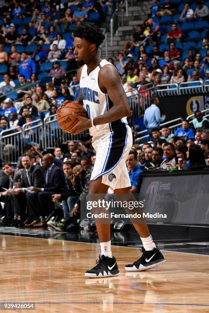 Jamel Artis of the Orlando Magic handles the ball against the Brooklyn Nets on March 28, 2018 at Amway Center in Orlando, Florida. NOTE TO USER: User...