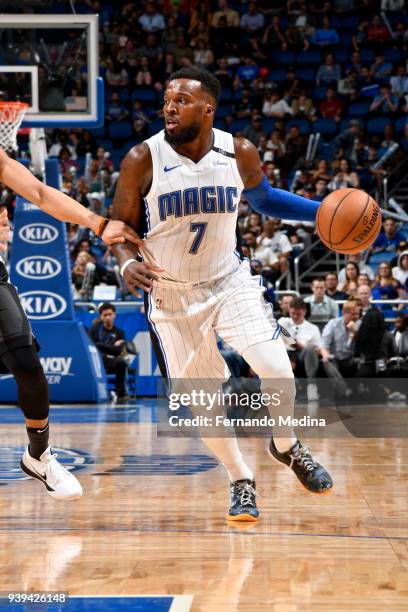 Shelvin Mack of the Orlando Magic handles the ball against the Brooklyn Nets on March 28, 2018 at Amway Center in Orlando, Florida. NOTE TO USER:...