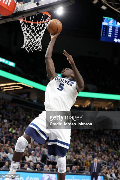 Gorgui Dieng of the Minnesota Timberwolves shoots the ball against the Atlanta Hawks on March 28, 2018 at Target Center in Minneapolis, Minnesota....