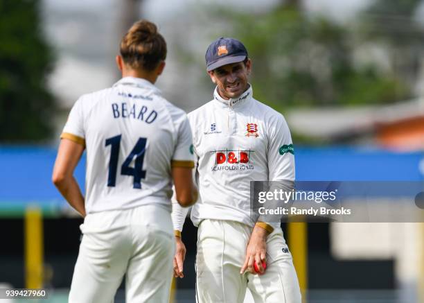 Ryan Ten Doeschate shines the ball for Aaron Beard of Essex during Day Two of the MCC Champion County Match, MCC v ESSEX on March 28, 2018 in...