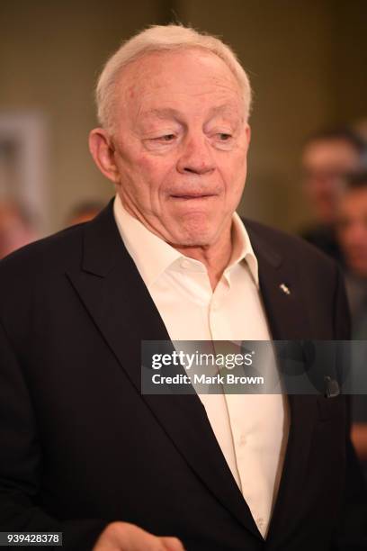 Dallas Cowboys owner Jerry Jones heads to the final meetings at the 2018 NFL Annual Meetings at The Ritz-Carlton Orlando, Great Lakes on March 28,...