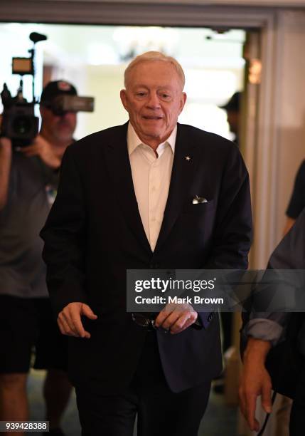 Dallas Cowboys owner Jerry Jones heads to the final meetings at the 2018 NFL Annual Meetings at The Ritz-Carlton Orlando, Great Lakes on March 28,...