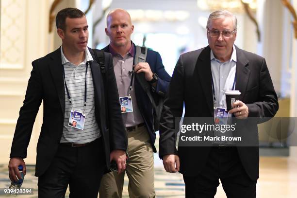 Buffalo Bills General Manager Brandon Beane, head coach Sean McDermott, and owner Terry Pegula leave the final meetings at the 2018 NFL Annual...