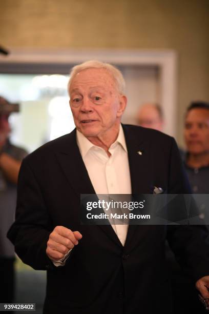 Dallas Cowboys owner Jerry Jones heads to the final meetings at the 2018 NFL Annual Meetings at The Ritz-Carlton Orlando, Great Lakes on March 28,...