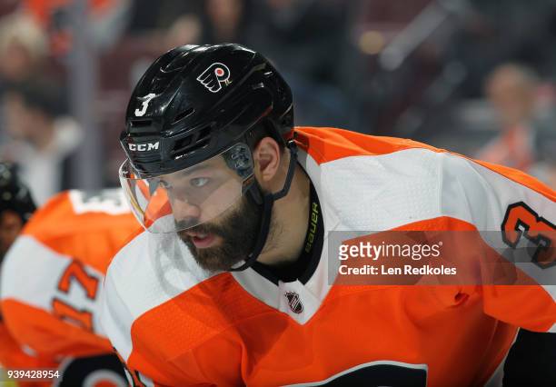 Radko Gudas of the Philadelphia Flyers looks on against the New York Rangers on March 22, 2018 at the Wells Fargo Center in Philadelphia,...