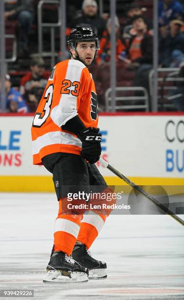 Brandon Manning of the Philadelphia Flyers skates back on defense against the New York Rangers on March 22, 2018 at the Wells Fargo Center in...