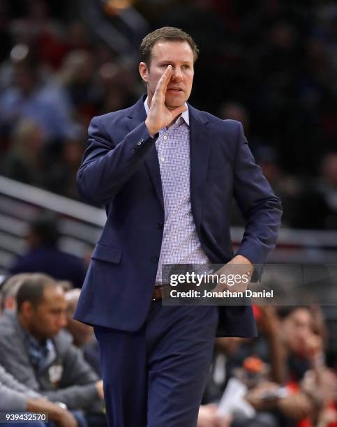 Head coach Fred Hoiberg of the Chicago Bulls gives instructions to his team during a game against the Orlando Magic at the United Center on February...