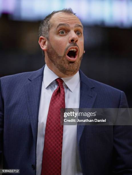 Head coach Frank Vogel of the Orlando Magic yells at a referee during a game against the Chicago Bulls at the United Center on February 12, 2018 in...