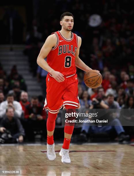 Zach LaVine of the Chicago Bulls moves against the Orlando Magic at the United Center on February 12, 2018 in Chicago, Illinois. The Bulls defeated...