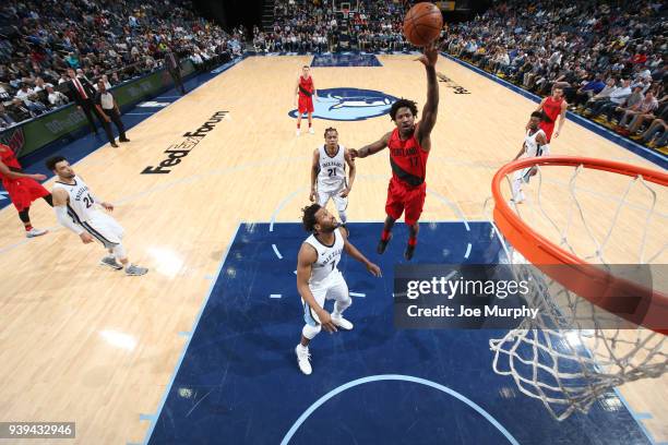 Ed Davis of the Portland Trail Blazers shoots the ball during the game against the Memphis Grizzlies on March 28, 2018 at FedExForum in Memphis,...