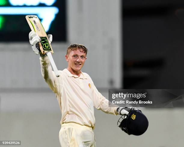 Dom Bess of MCC celebrates his century during Day Two of the MCC Champion County Match, MCC v ESSEX on March 28, 2018 in Bridgetown, Barbados.