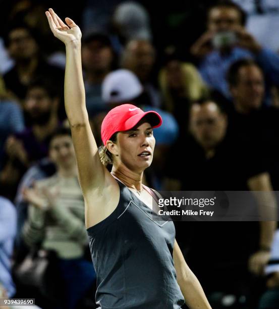 Danielle Collins of the USA celebrates after beating Venus Williams of the USA 6-2 6-3 during the quarterfinals match on Day 10 of the Miami Open...