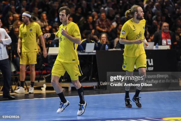 Uwe Gensheimer and Henrik Mollgaard of PSG during the Lidl Star Ligue match between Ivry and Paris Saint Germain on March 28, 2018 in Paris, France.