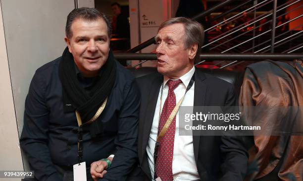Andy Moeller and Siggi Held , members of the Club of Former National Players, attend the International friendly match between Germany and Brazil at...