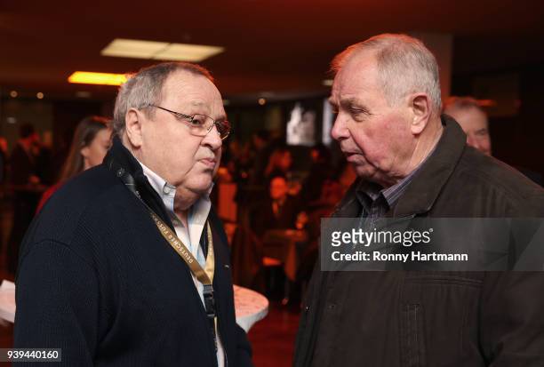 Juergen Noeldner and Manfred Walter , members of the Club of Former National Players, attend the International friendly match between Germany and...