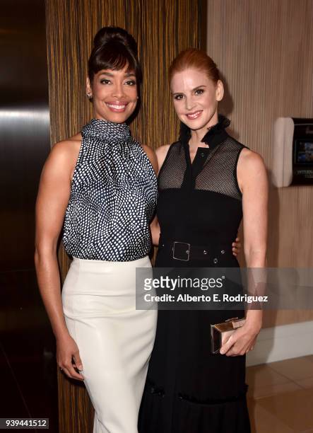 Gina Torres and Sarah Rafferty attend The Alliance For Children's Rights 26th Annual Dinner at The Beverly Hilton Hotel on March 28, 2018 in Beverly...