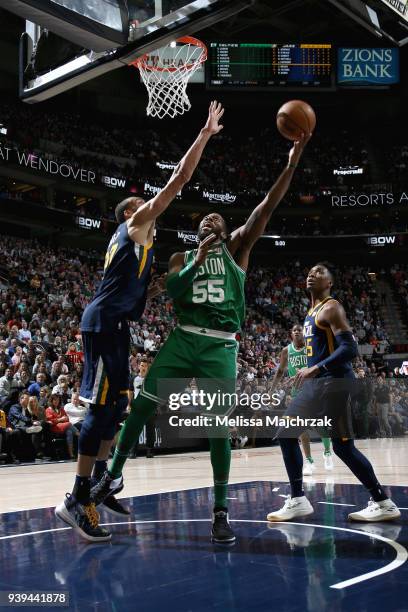 Greg Monroe of the Boston Celtics goes to the basket against the Utah Jazz on March 28, 2018 at vivint.SmartHome Arena in Salt Lake City, Utah. NOTE...