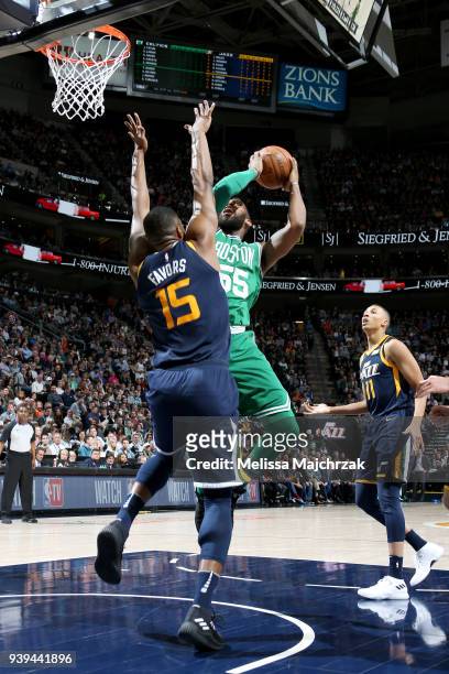 Greg Monroe of the Boston Celtics goes to the basket against the Utah Jazz on March 28, 2018 at vivint.SmartHome Arena in Salt Lake City, Utah. NOTE...