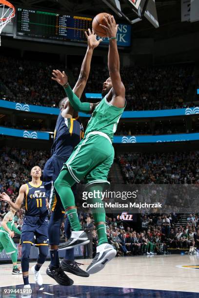 Greg Monroe of the Boston Celtics goes to the basket against the Utah Jazz on March 28, 2018 at vivint.SmartHome Arena in Salt Lake City, Utah. NOTE...