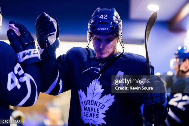 Tyler Bozak of the Toronto Maple Leafs leaves the dressing room before taking on the Detroit Red Wings at the Air Canada Centre on March 24, 2018 in...