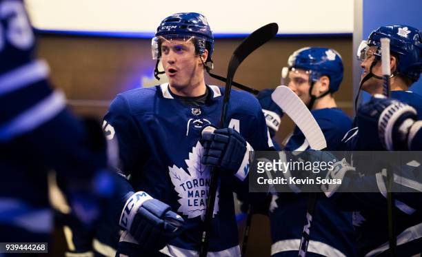 Tyler Bozak of the Toronto Maple Leafs leaves the dressing room before taking on the Detroit Red Wings at the Air Canada Centre on March 24, 2018 in...
