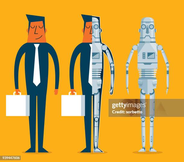 ilustraciones, imágenes clip art, dibujos animados e iconos de stock de evolución de los robots - empresario - brazo robótico herramientas de fabricación
