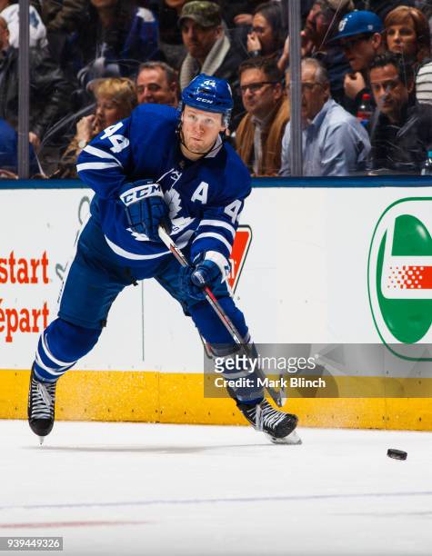 Morgan Rielly of the Toronto Maple Leafs skates against the Florida Panthers during the third period at the Air Canada Centre on March 28, 2018 in...