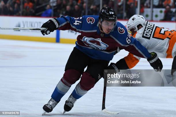 Colorado Avalanche right wing Nail Yakupov gets past Philadelphia Flyers defenseman Shayne Gostisbehere as he chase down the puck in the first period...