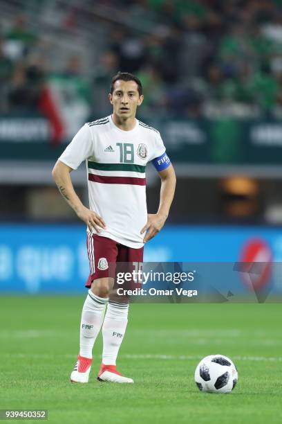 Andres Guardado of Mexico looks on during the international friendly match between Mexico and Croatia at AT&T Stadium on March 27, 2018 in Arlington,...