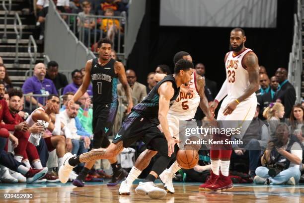 Jeremy Lamb of the Charlotte Hornets handles the ball against the Cleveland Cavaliers on March 28, 2018 at Spectrum Center in Charlotte, North...