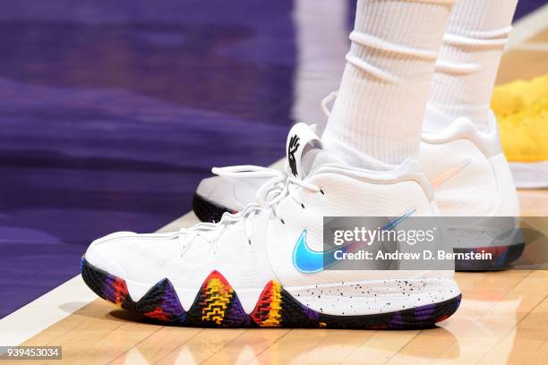 The sneakers worn by Nerlens Noel of the Dallas Mavericks are seen during the game against the Los Angeles Lakers on March 28, 2018 at STAPLES Center...