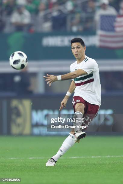 Jesus Molina of Mexico kicks the ball during the international friendly match between Mexico and Croatia at AT&T Stadium on March 27, 2018 in...