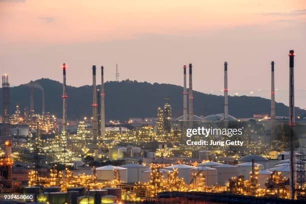 aerial view oil refinery.industrial view at oil refinery plant form industry zone with sunset and cloudy sky. - refine stock pictures, royalty-free photos & images