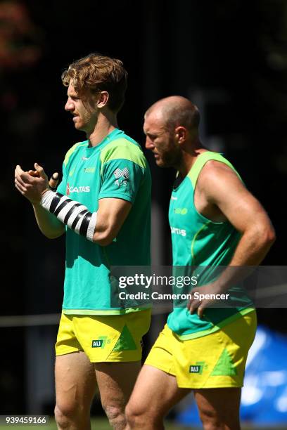 Ben O'Donnell and James Stannard of Australia warm up prior to the Australian Rugby Sevens practice match against New Zealand at Newington College on...
