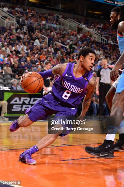 Tyler Ulis of the Phoenix Suns handles the ball against the LA Clippers on March 28, 2018 at Talking Stick Resort Arena in Phoenix, Arizona. NOTE TO...