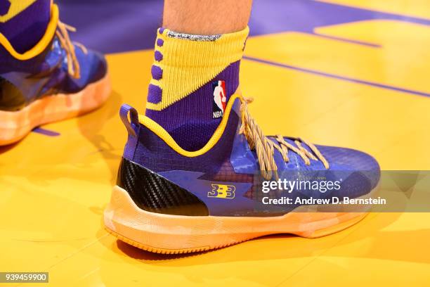 The sneakers worn by Lonzo Ball of the Los Angeles Lakers are seen during the game against the Dallas Mavericks on March 28, 2018 at STAPLES Center...
