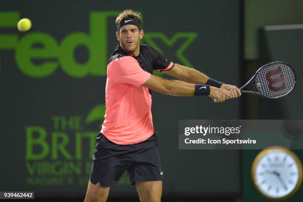 Juan Martin Del Potro in action during day 10 of the 2018 Miami Open held at the Crandon Park Tennis Center on March 28 in in Key Biscayne, Florida.