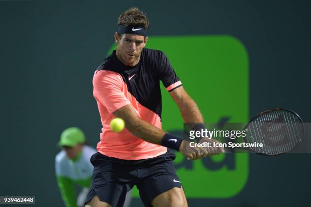 Juan Martin Del Potro in action during day 10 of the 2018 Miami Open held at the Crandon Park Tennis Center on March 28 in in Key Biscayne, Florida.
