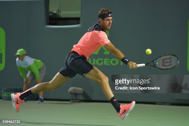 Juan Martin Del Potro in action during day 10 of the 2018 Miami Open held at the Crandon Park Tennis Center on March 28 in in Key Biscayne, Florida.