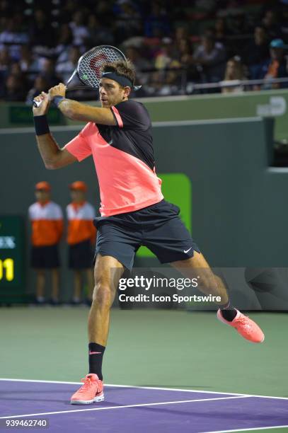 Juan Martin Del Potro in action during day 10 of the 2018 Miami Open held at the Crandon Park Tennis Center on March 28 in in Key Biscayne, Florida.