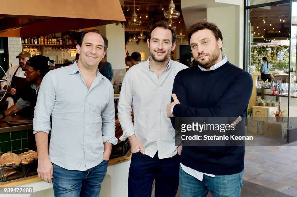 Adam Saper, Alex Saper and Nicola Farinetti attend Terra Grand Opening at Eataly Los Angeles at Eataly LA on March 28, 2018 in Los Angeles,...