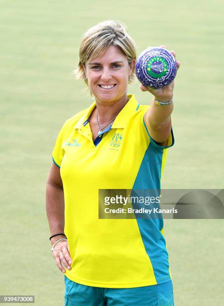 Karen Murphy poses for a photo as the Australian lawn bowls Commonwealth Games squad prepare for the Games at the Windsor Bowls Club on March 29,...