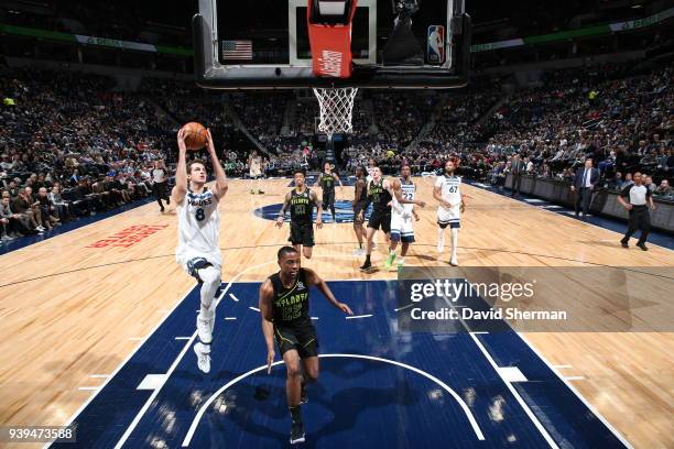 Nemanja Bjelica of the Minnesota Timberwolves goes to the basket against the Atlanta Hawks on March 28, 2018 at Target Center in Minneapolis,...