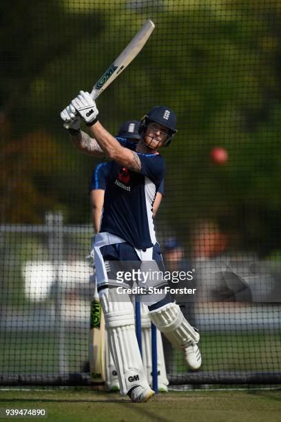 England batsman Ben Stokes in action during England nets ahead of the second test match against the New Zealand Black Caps at Hagley Oval on March...