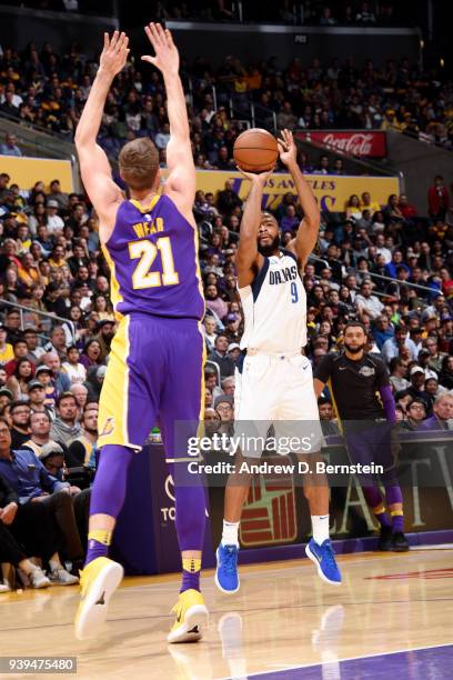 Aaron Harrison of the Dallas Mavericks shoots the ball during the game against the Los Angeles Lakers on March 28, 2018 at STAPLES Center in Los...