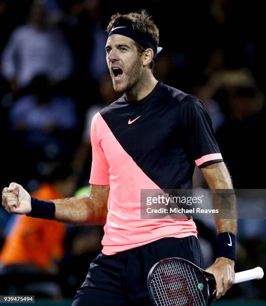 Juan Martin Del Potro of Argentina celebrates after defeating Milos Raonic of Canada in the quarterfinal match on Day 10 of the Miami Open Presented...