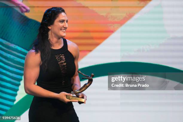 Brazilian Judo competitor Mayra Aguiar is awarded during the 2017 Brazil Olympics Awards ceremony at Cidade das Artes on March 28, 2018 in Rio de...